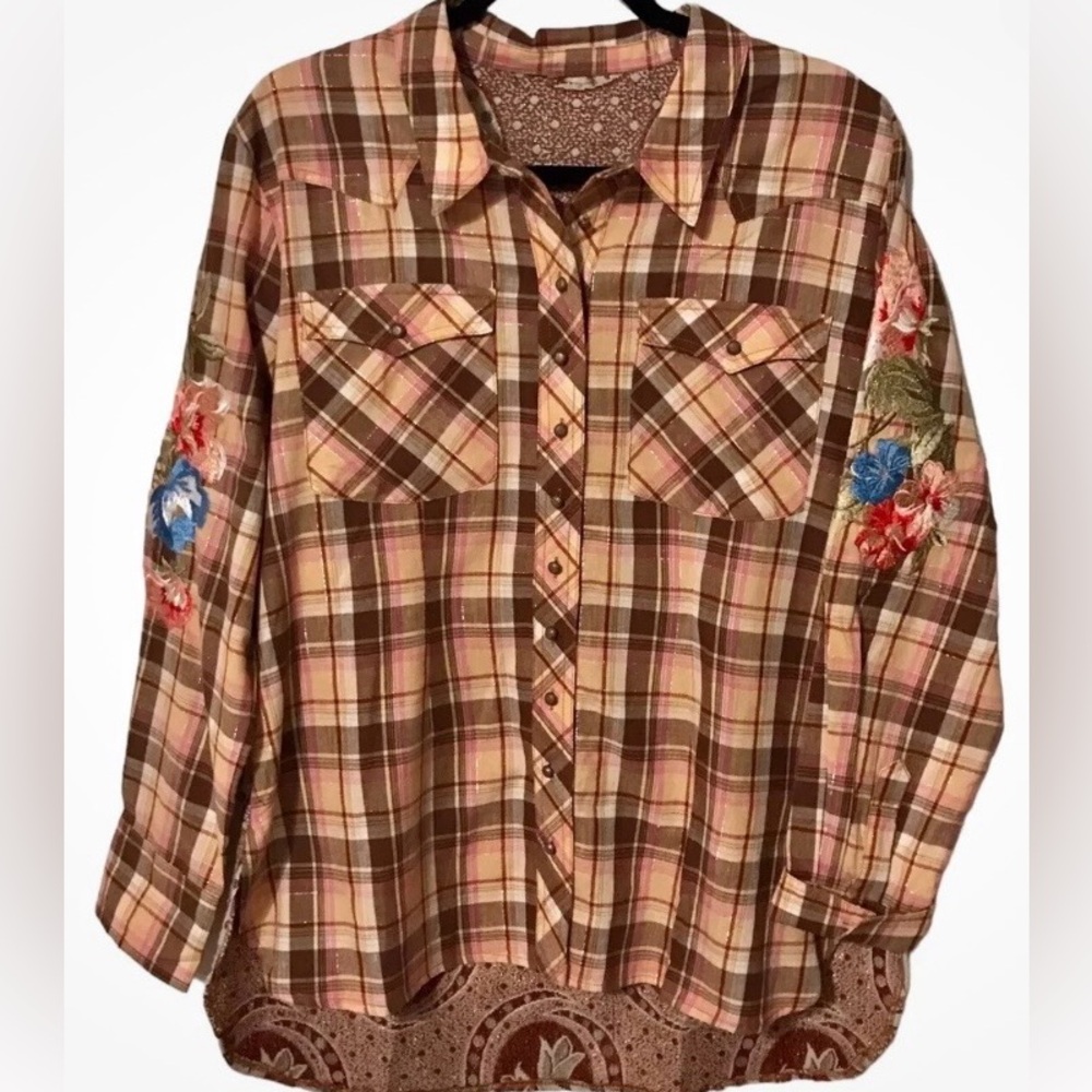 Aratta Plaid Button-Up Shirt with Floral Embroidery